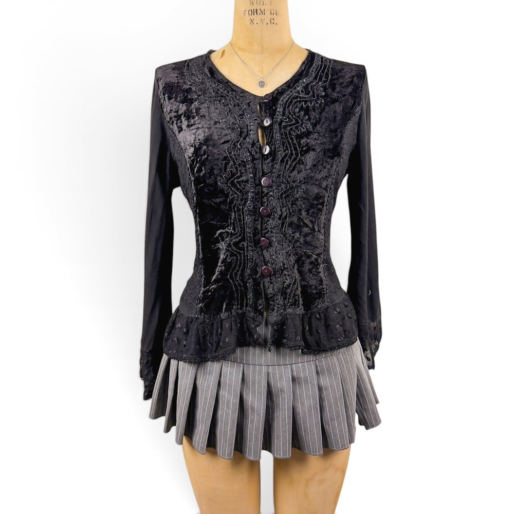 90s Velvet Embroidered Blouse Tie Back Lace Flare Dark Romantic Victorian Size M